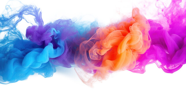 panorama wide shot of multi colored smoke bomb explosion clouds on transparent background