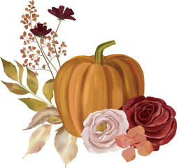 Watercolor floral pumpkin illustration, fall bouquets . Pastel pumpkins and flower arrangements in rustic style.