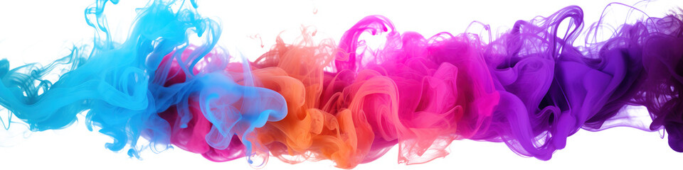 panorama wide shot of multi colored smoke bomb explosion clouds on transparent background