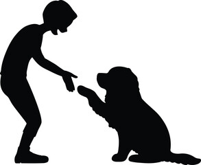 Silhouette of a man and a dog shaking hands