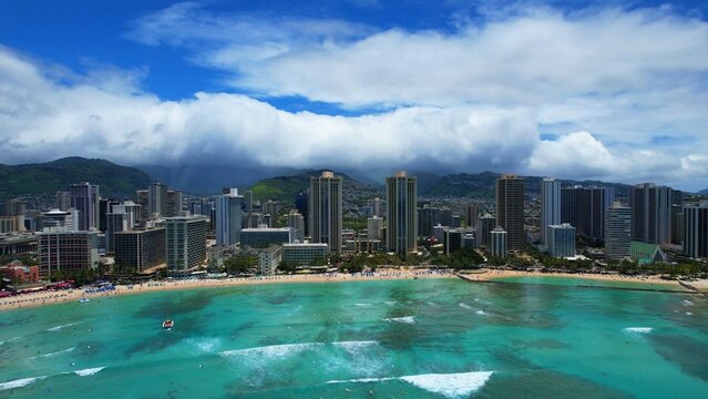 Green ocean Waikiki beach and hotels