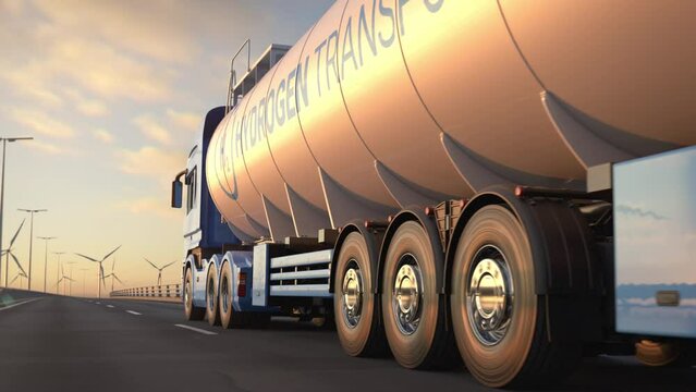 Convoy of generic electric semi trucks with hydrogen tank trailer driving along a bridge or coastal highway with wind turbines in background. Renewable energies concept. Realistic 3d animation.