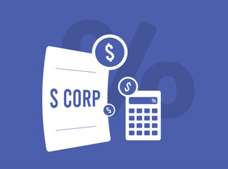 S corp concept - tax-efficient business structure for private corporations. Profits pass through to shareholders, taxed on personal income. Limited ownership, US citizenship requirement - obrazy, fototapety, plakaty