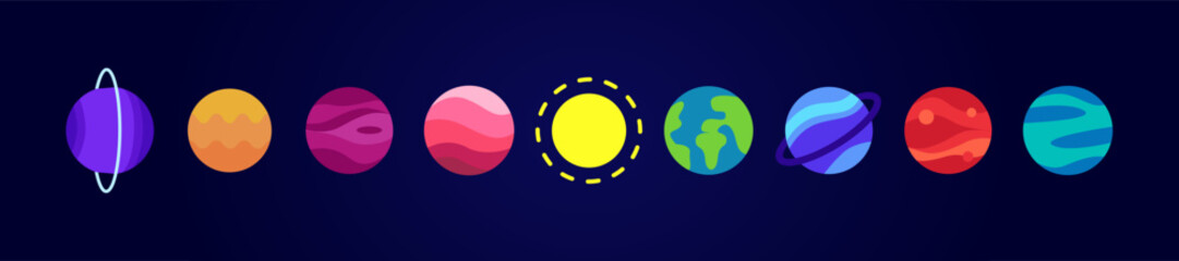  Solar system. Colorful set of cartoon planets. Vector Illustration. Isolation on dark blue background. Flat style.