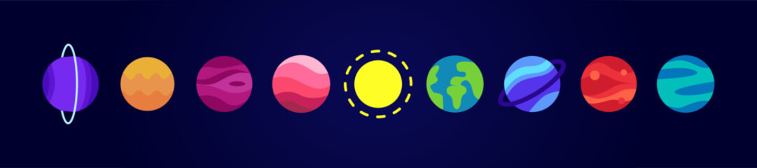  Solar system. Colorful set of cartoon planets. Vector Illustration. Isolation on dark blue background. Flat style. © Elene le13