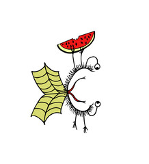 Vector card with hand drawn cute hungry monster holding on to a ripe watermelon. Graphic style, ink drawing. Beautiful design elements, funny illustration.