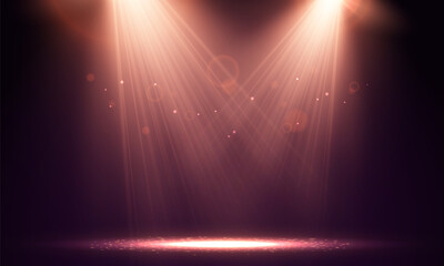 Spotlights. Scene for presentation illuminated by spotlights. Vector illustration. - obrazy, fototapety, plakaty