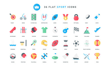 Sportswear and equipment for training boxing and skiing, trophy in challenge competition of tennis and basketball, soccer and volleyball. Sport trendy flat icons set vector illustration