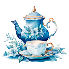 Watercolor composition of teapot, cup and blue flowers. Vintage style illustration isolated on a white background. - 619393183