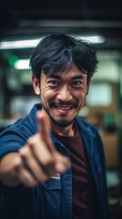 Photo of a cheerful man pointing towards the camera with a smile .generative ai