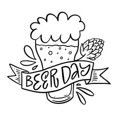 Beer day text and glass hand drawn line art.