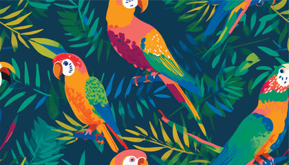 Exotic abstract tropical pattern with parrots. Colorful botanical abstract contemporary seamless pattern. Hand drawn unique print. © Eli Berr