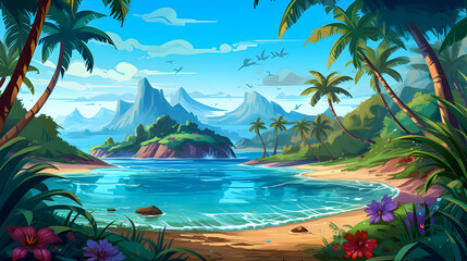 Fototapeta na wymiar Tropical beach illustration with clear waters and lush palm trees.