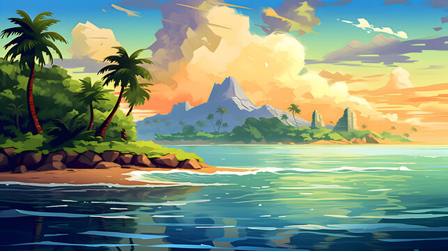 Tropical island painting with lush palms and a serene ocean view.