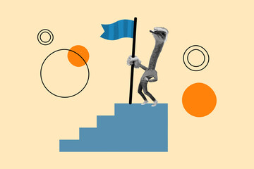 Collage composition illustration of headless ostrich wild animal holding blue flag finish upstairs job done isolated on beige background