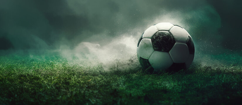 Fototapeta soccer ball with dust and smoke on green grass background , Generative AI