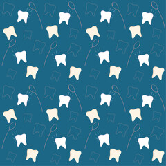 seamless pattern with dental mirror and white teeth on dark blue background