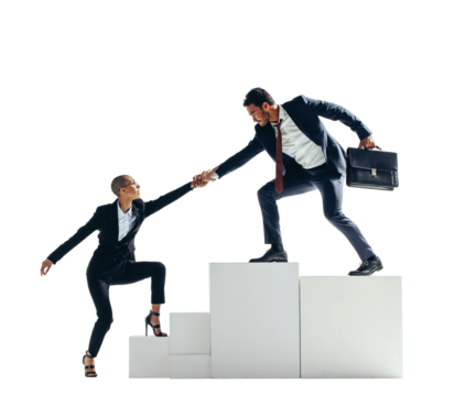 Businessman helping his partner get to the top of a block of stairs on a transparent background