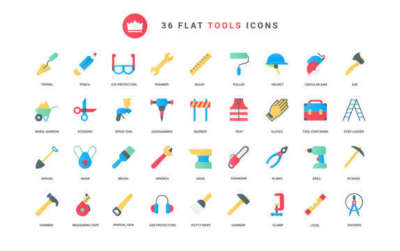 Maintenance and repair service, building and carpentry equipment, toolkit and instrument of worker, safety helmet and hardware. Handymans tools trendy flat icons set vector illustration