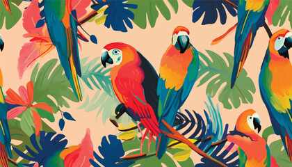 Modern artistic tropical pattern with parrots. Colorful botanical abstract contemporary seamless pattern. Hand drawn unique print.