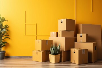 A stack of boxes sitting on top of a hard wood floor. Generative AI