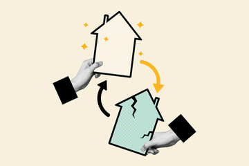 House renovation conceptual collage apartment repair changing old versus new repair home build construction isolated on beige background