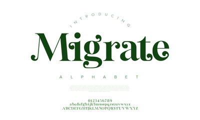 Fototapeta premium Migrate premium luxury elegant alphabet letters and numbers. Elegant wedding typography classic serif font decorative vintage retro. Creative vector illustration