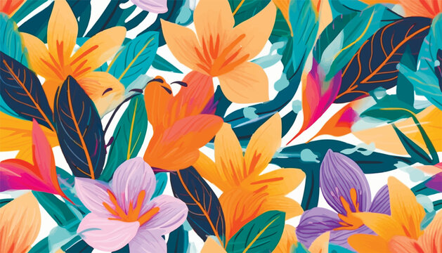 Modern colorful tropical floral pattern. Cute botanical abstract contemporary seamless pattern. Hand drawn unique print.