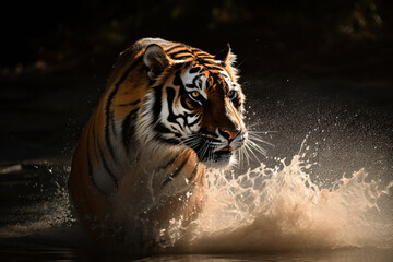 Fototapeta na wymiar Bengal tiger wildlife scene walking in river water. Tiger splashing water. Amazing wildlife. Generative Ai