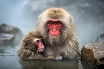 Japanese snow monkey and her baby in hot springs. Amazing wildlife. Generative Ai