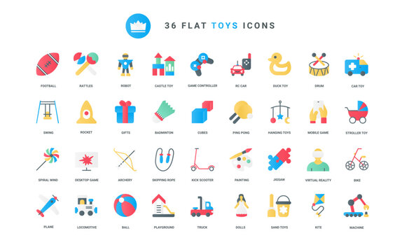 Childhood pictogram collection with baby stroller, rubber duck and car, entertainment for leisure of children. Toys for games of boys and girls trendy flat icons set vector illustration