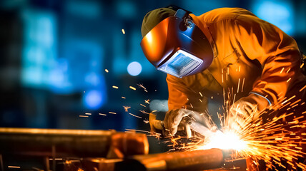 Welder is welding metal. Worker wearing industrial uniforms and Welded Iron Mask at Steel welding plants. Worker welding in a factory.