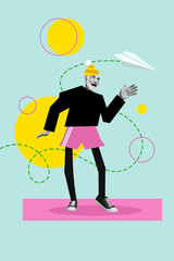 Vertical photo template magazine comics collage pensioner dancing have fun rhythm fly paper plane isolated on blue color background