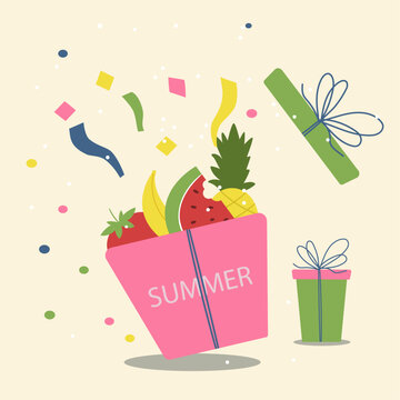 Gift box Summer  with Fruits and Present 