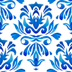 Abstract seamless ornamental watercolor damask arabesque paint pattern. Portuguese ceramic tile design