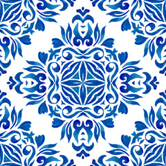 Vintage damask seamless ornamental watercolor blue floral paint tile design pattern. Portuguese ceramic tile design style