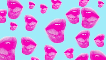 animation background with female pink lips or open mouth on a blue background in pop art style
