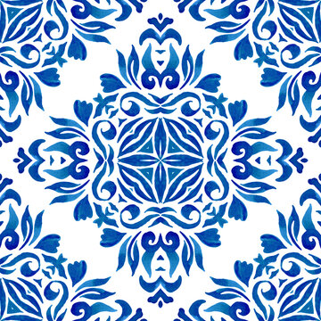 Vintage damask seamless ornamental watercolor blue floral paint tile design pattern. Portuguese ceramic tile design style