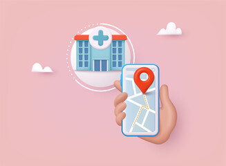 Hand holding mobile smart phone with application search pharmacy. Find closest on city map. 3D Web Vector Illustrations.