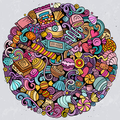 Sweet Candies cartoon vector doodle round illustration.