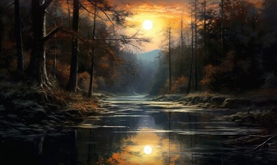 Fototapeta na wymiar a painting of a sunset in a forest with a river running through it. generative ai