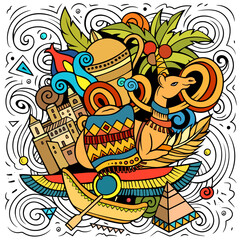 Egypt cartoon doodle illustration. Funny design. Creative vector background with African country elements and objects. Colorful composition
