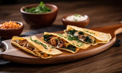  a wooden plate topped with three tacos next to a bowl of salsa.  generative ai