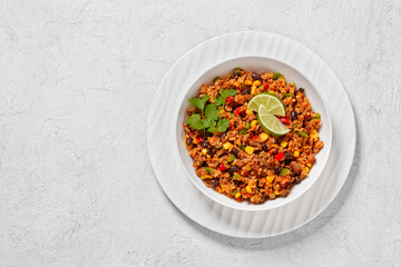 Mexican ground beef casserole with rice, beans