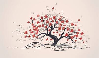  a drawing of a tree with red leaves on it's branches.  generative ai