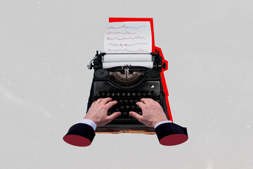 Collage illustration novelist worker author hands typing letterpress mechanical retro keyboard...