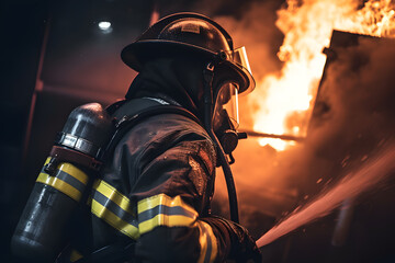 A firefighter extinguishing a blazing fire, bravely risking their lives to protect others. Generative AI - obrazy, fototapety, plakaty