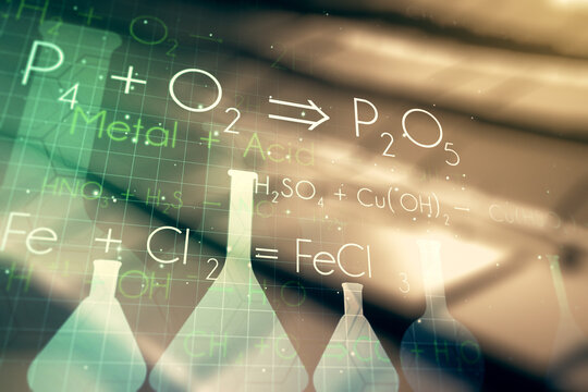 Abstract virtual chemistry illustration on abstract metal background, science and research concept. Multiexposure