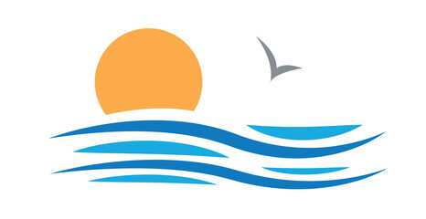 Vector sign abstract summer holiday, sun on waves sea with seagull