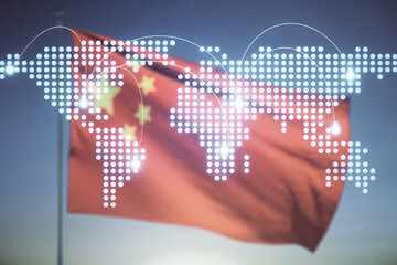 Double exposure of abstract digital world map hologram with connections on flag of China and sunset sky background, research and strategy concept